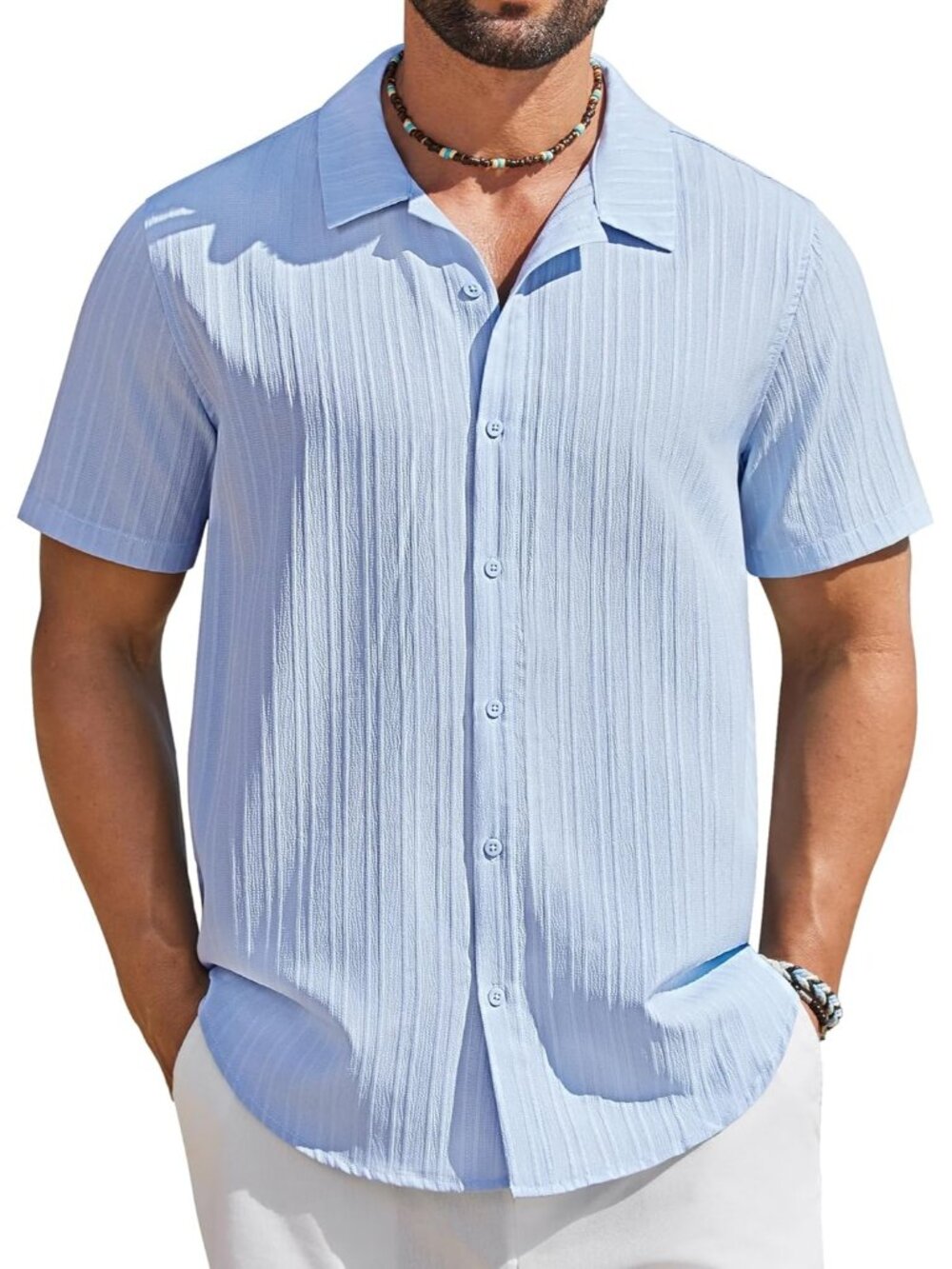 Men's Light Blue Short Sleeve Casual Button Down Textured Summer Beach Shirt